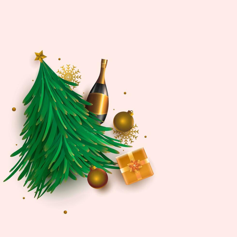 ilustração do verde natal árvore com 3d champanhe garrafa, bugigangas, flocos de neve e presente caixa em pastel Rosa fundo. vetor