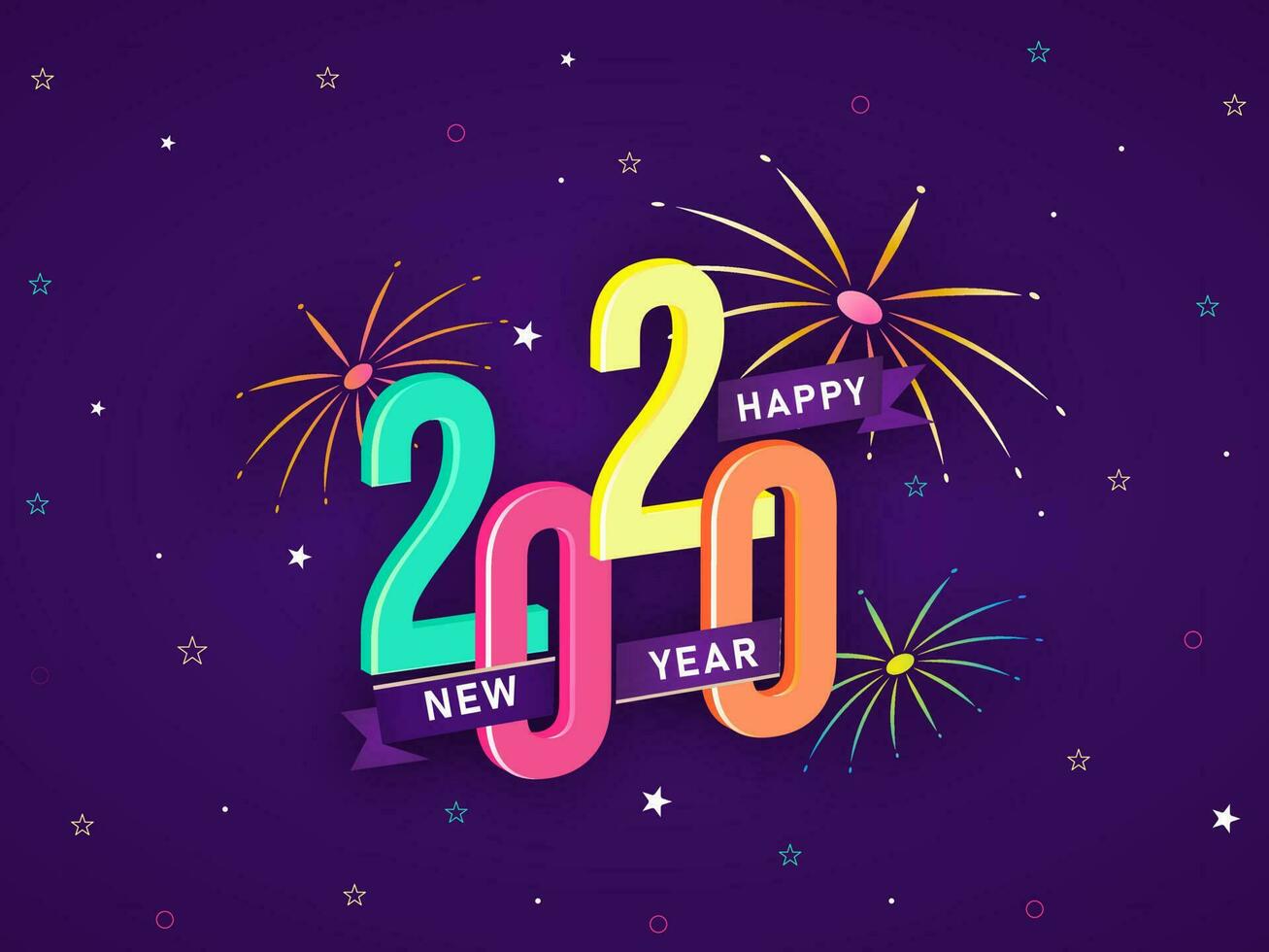 colorida texto 2020 e estrelas decorado em roxa fogos de artifício fundo para feliz Novo ano celebração. vetor