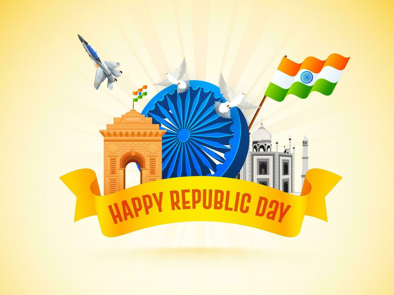 3d ashoka roda com Índia portão, taj mahal monumento, ondulado bandeira e lutador jato para feliz república dia celebração poster Projeto. vetor