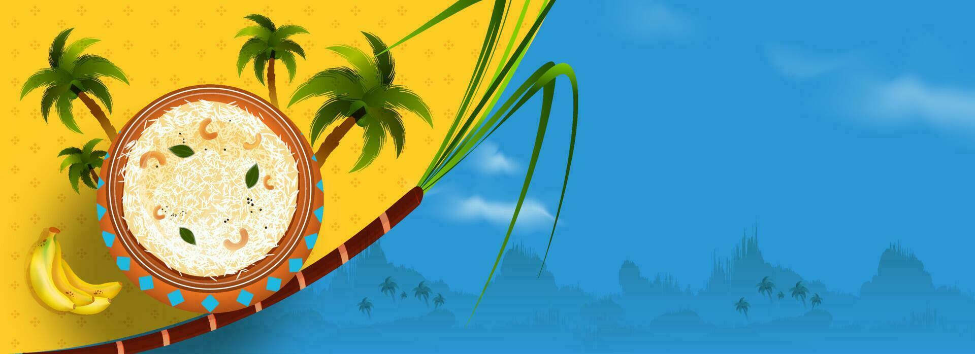local na rede Internet cabeçalho ou bandeira Projeto com topo Visão do Pongali arroz Panela, banana, coco árvore e cana de açúcar em amarelo e azul natureza Visão fundo. vetor