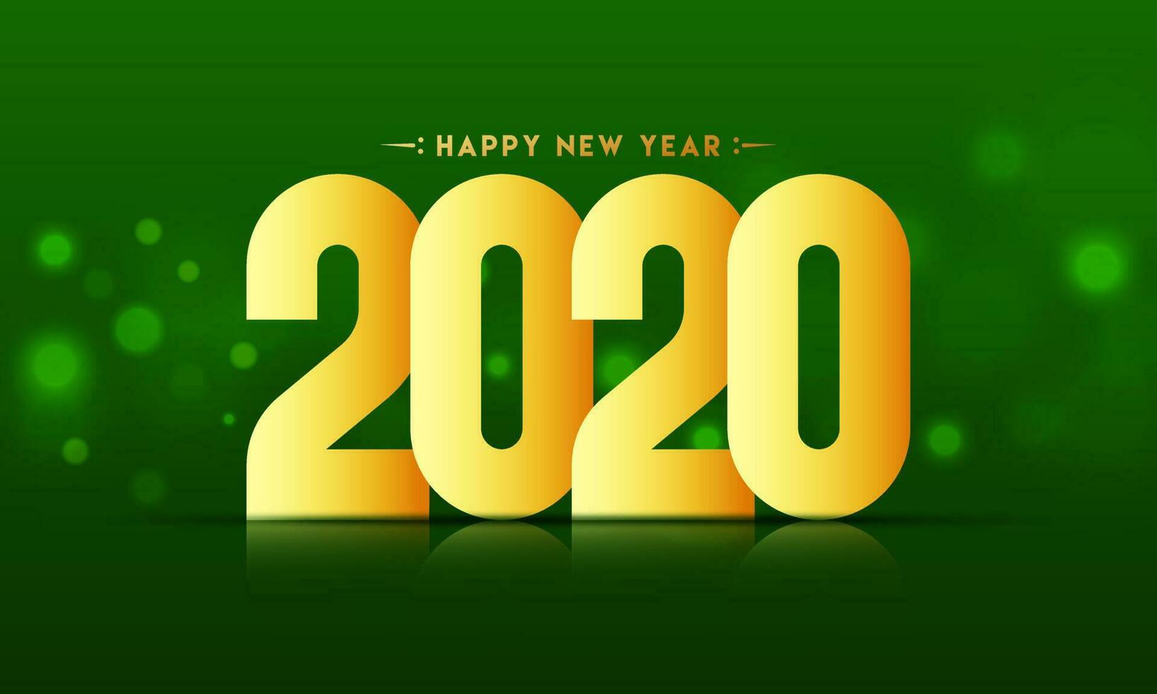 dourado feliz Novo ano 2020 texto em verde bokeh borrão fundo. vetor