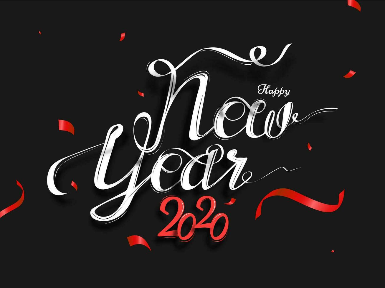 caligrafia do feliz Novo ano 2020 texto em Preto fundo decorado com vermelho confete. vetor