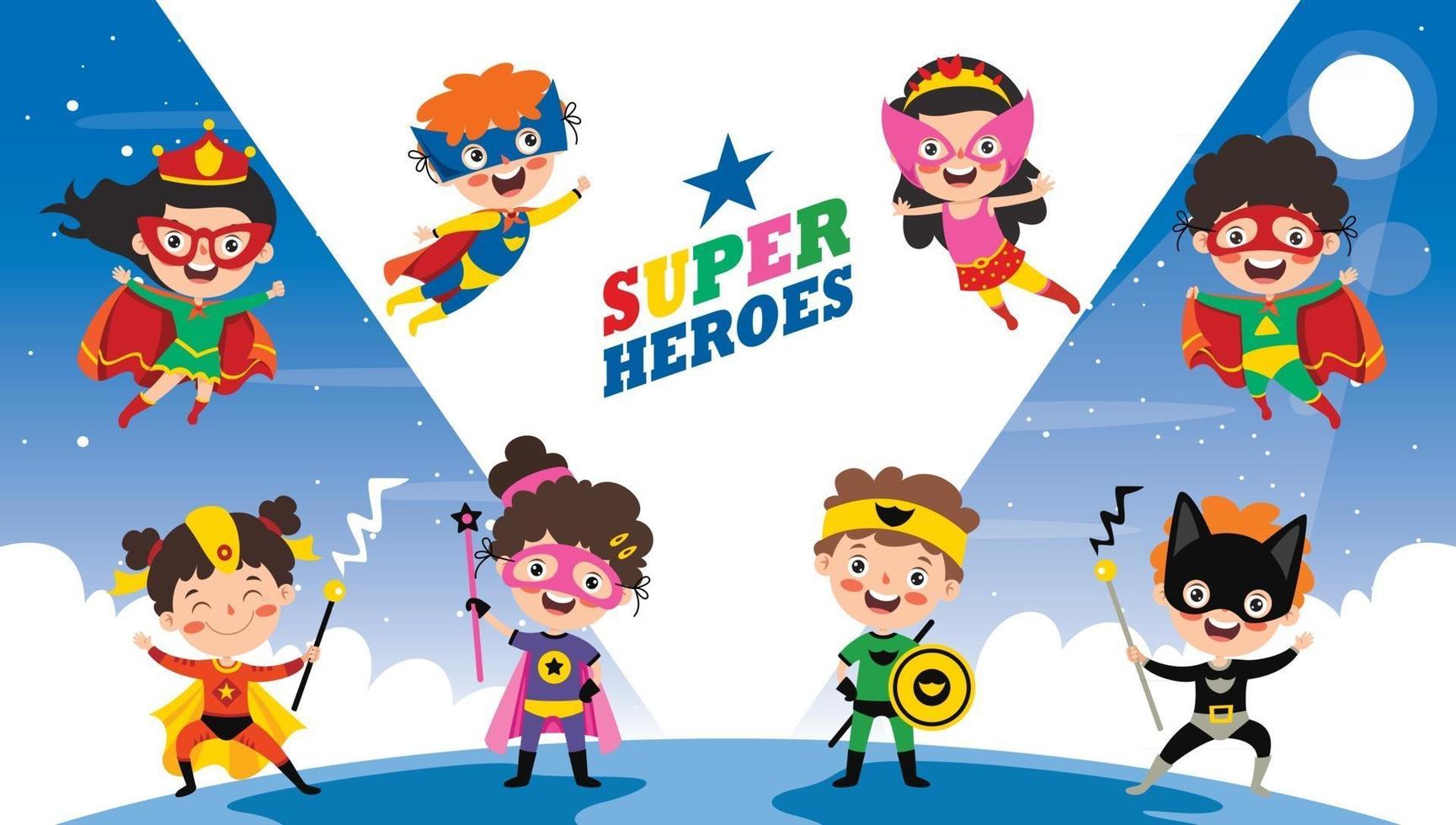 pequenos super-heróis de desenho animado posando vetor