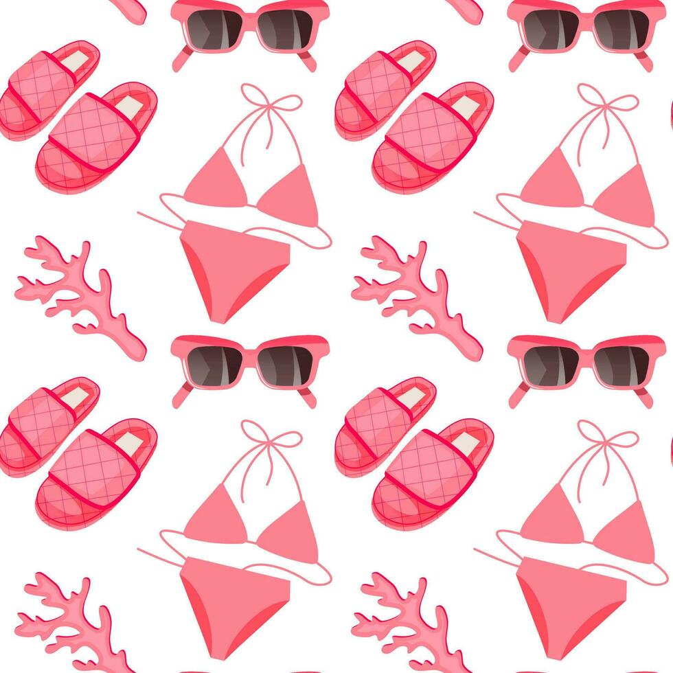Rosa desatado verão padronizar com de praia elementos tal Como oculos de sol, coral, roupa de banho e chinelos vetor