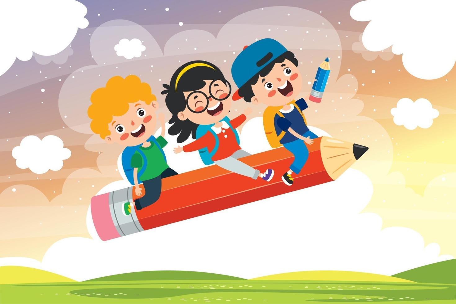crianças engraçadas voando em lápis colorido vetor