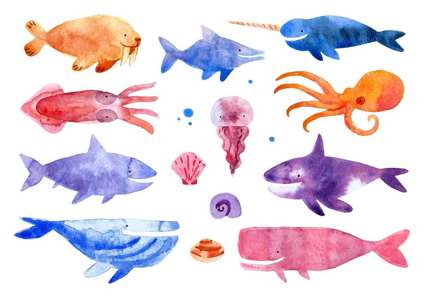 criaturas marinhas em estilo aquarela vetor