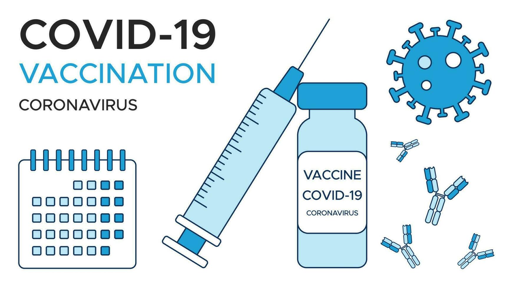 bandeira covid-19 vacinação, calendário, 1 ampola do vacina e uma seringa, coronavírus e anticorpo. uma médico poster modelo dentro tons do azul. vetor ilustração isolado em uma branco fundo.