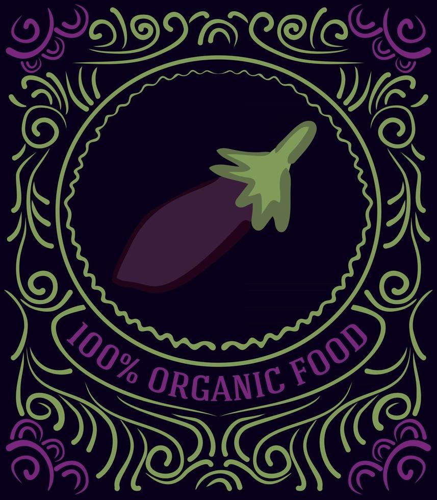 etiqueta vintage com berinjela e letras 100% alimentos orgânicos vetor