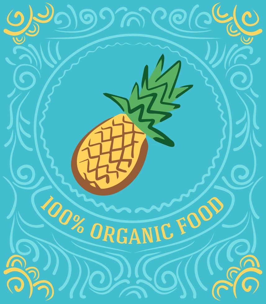 rótulo vintage com abacaxi e letras de alimentos 100% orgânicos vetor