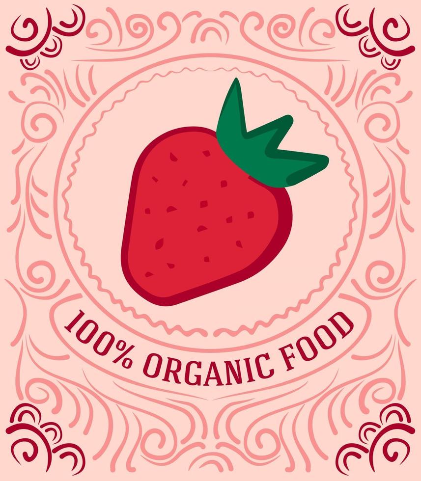 rótulo vintage com morangos e letras 100% alimentos orgânicos vetor