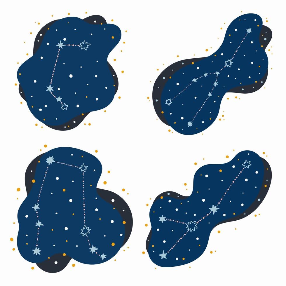 definir signos fofos da constelação do zodíaco Áries, touro, gémeos, câncer, rabiscos desenhados à mão, estrelas e pontos no espaço abstrato vetor