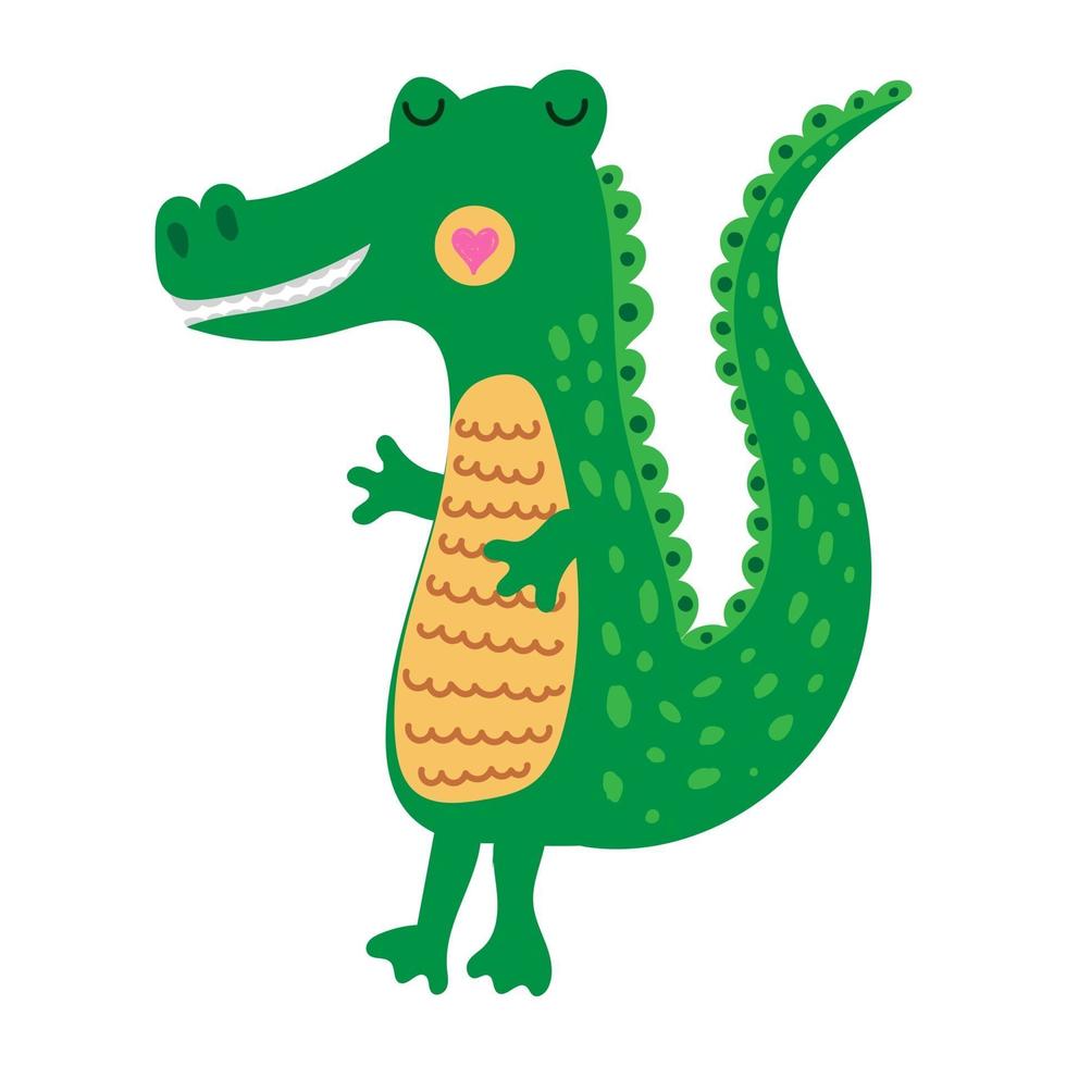 impressão de jacaré bonito dos desenhos animados para crianças com crocodilo verde desenhado à mão vetor