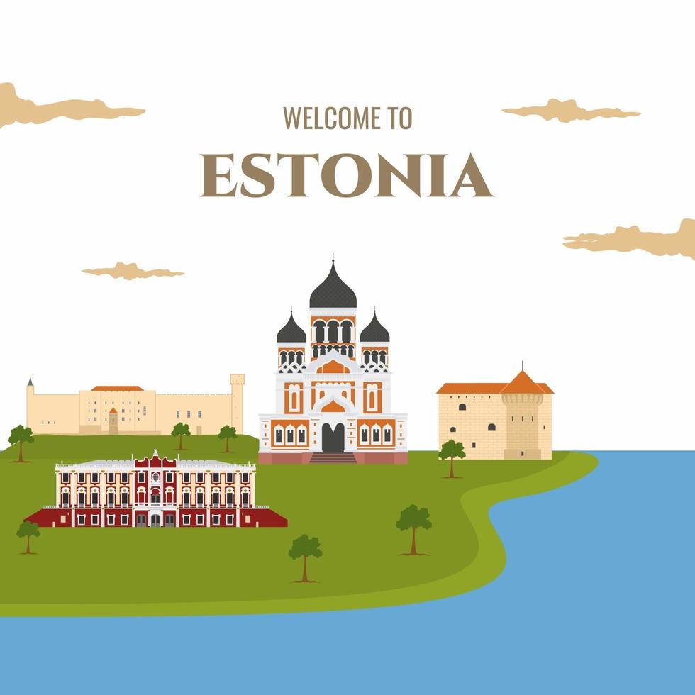 Molde do projeto do ímã do país da Estônia com edifício histórico. apartamento estilo cartoon histórico vista vitrine web site ilustração em vetor. colecção europeia de férias no mundo vetor