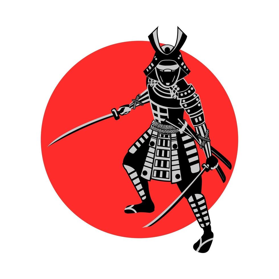 samurai segurando uma espada na frente do círculo vermelho vetor