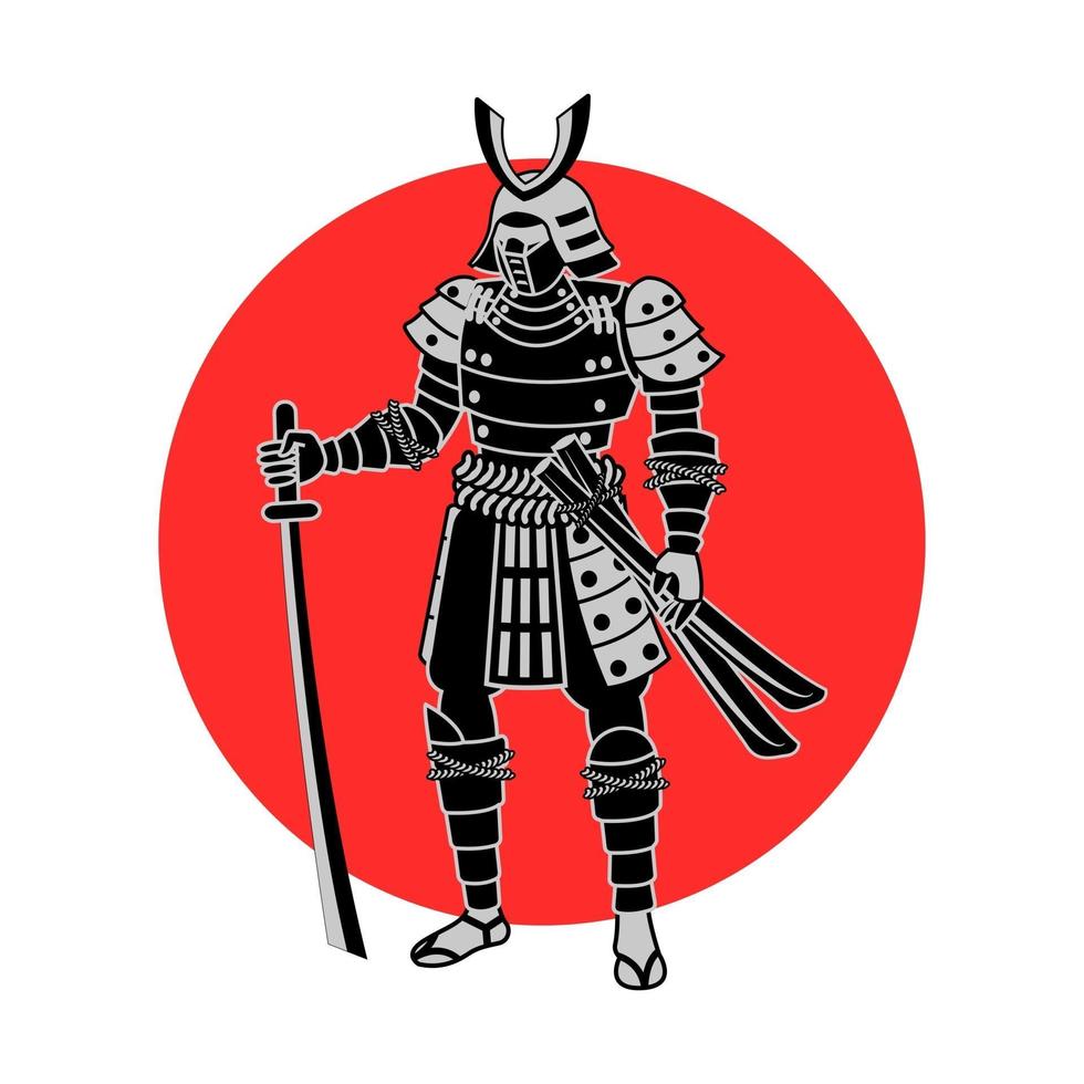 samurai segurando uma espada na frente do círculo vermelho vetor