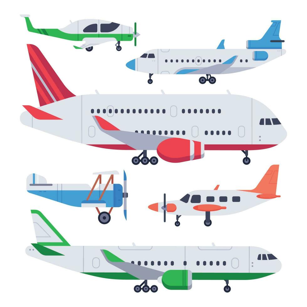 plano aviões. aviação flutuador avião, privado ar avião e jato aeronave isolado vetor ilustração conjunto