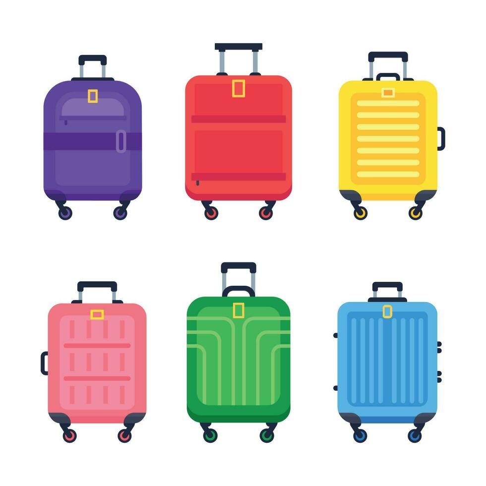 bagagem mala. aeroporto viagem Bagagem colorida plástico malas com lidar com e carrinho isolado plano vetor conjunto