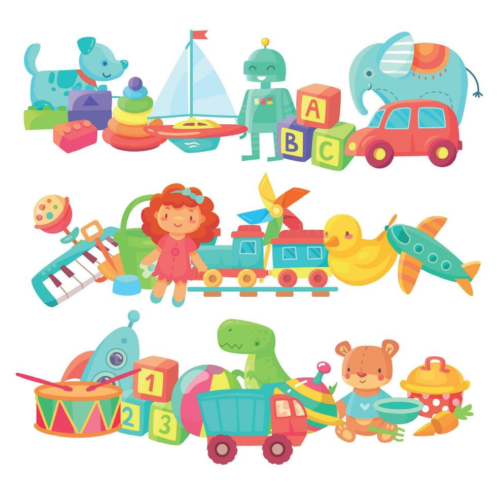 brinquedo pilhas. crianças brinquedos grupos. desenho animado bebê boneca e trem, bola e carros, barco isolado crianças vetor conjunto