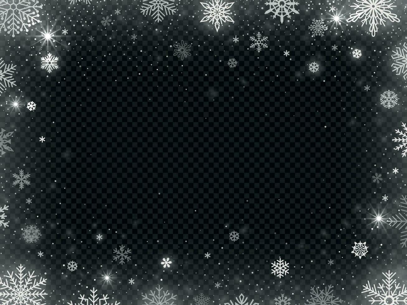 nevou fronteira quadro. Natal feriado neve, Claro geada nevasca flocos de neve e prata floco de neve vetor ilustração