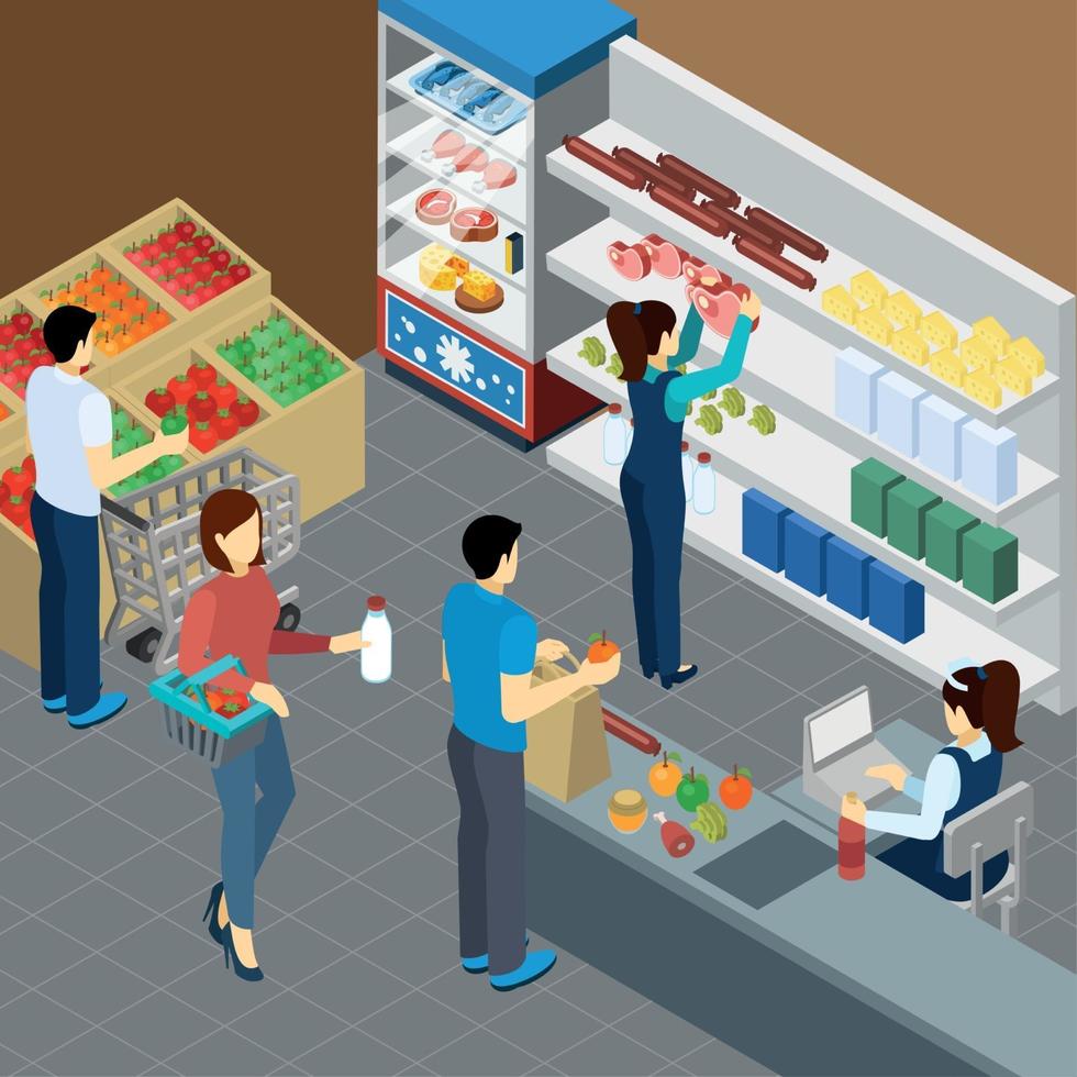 ilustração em vetor composição isométrica de supermercado