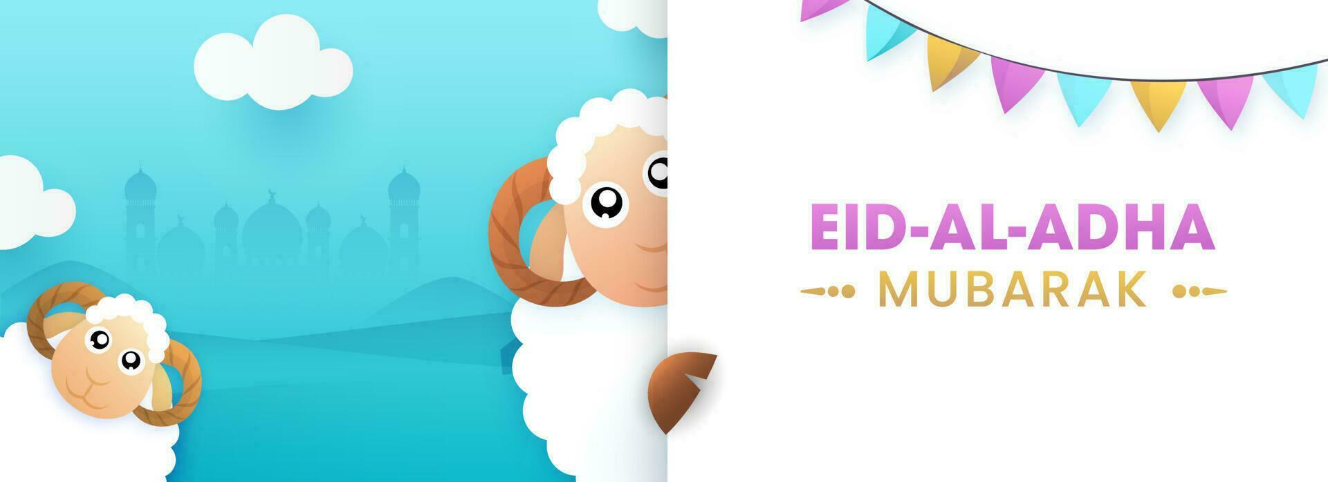 eid-al-adha Mubarak texto com dois desenho animado engraçado ovelha e estamenha bandeiras em branco papel e céu azul silhueta mesquita fundo. vetor