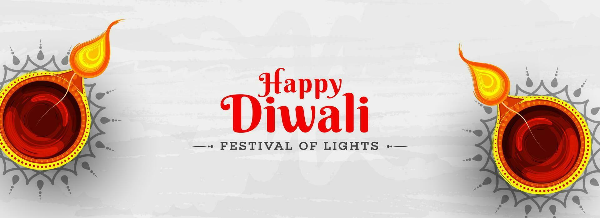festival do luzes celebração, feliz diwali cabeçalho ou bandeira Projeto com topo Visão do mão desenhado óleo lâmpadas em cinzento textura fundo. vetor
