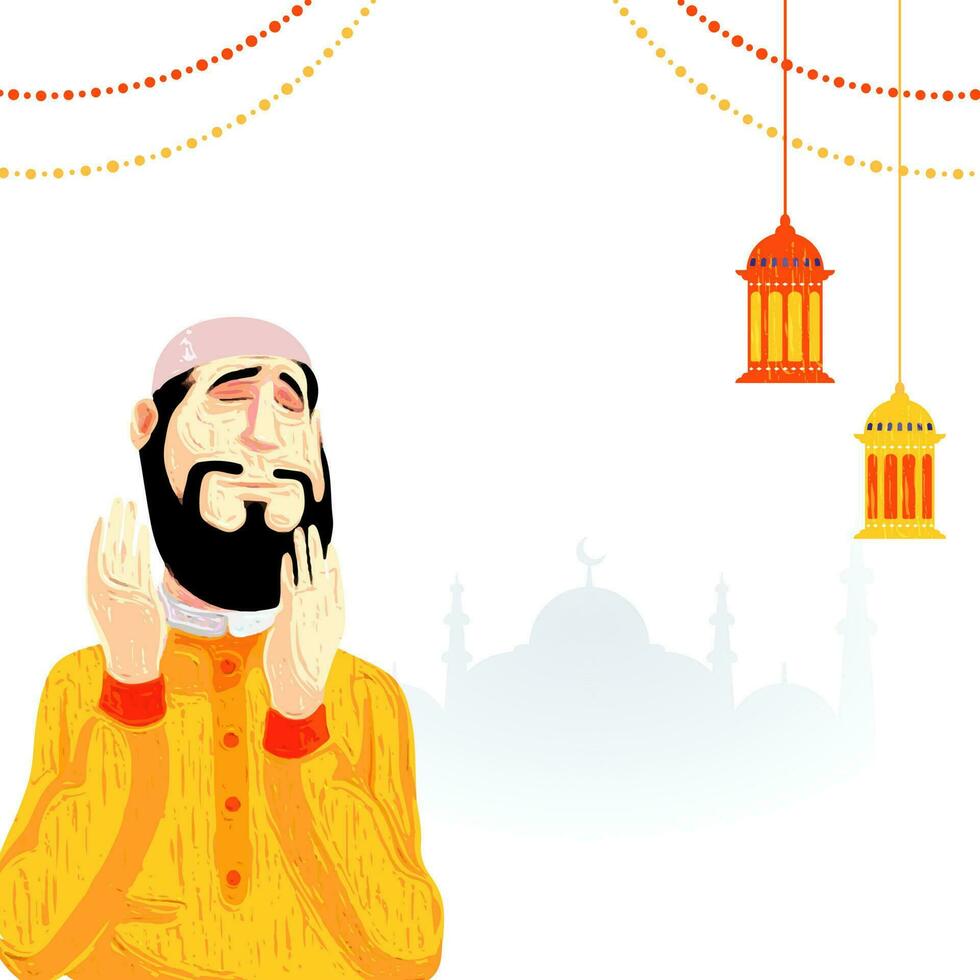 ilustração do muçulmano homem oferta namaz oração e suspensão lanternas em silhueta mesquita. vetor