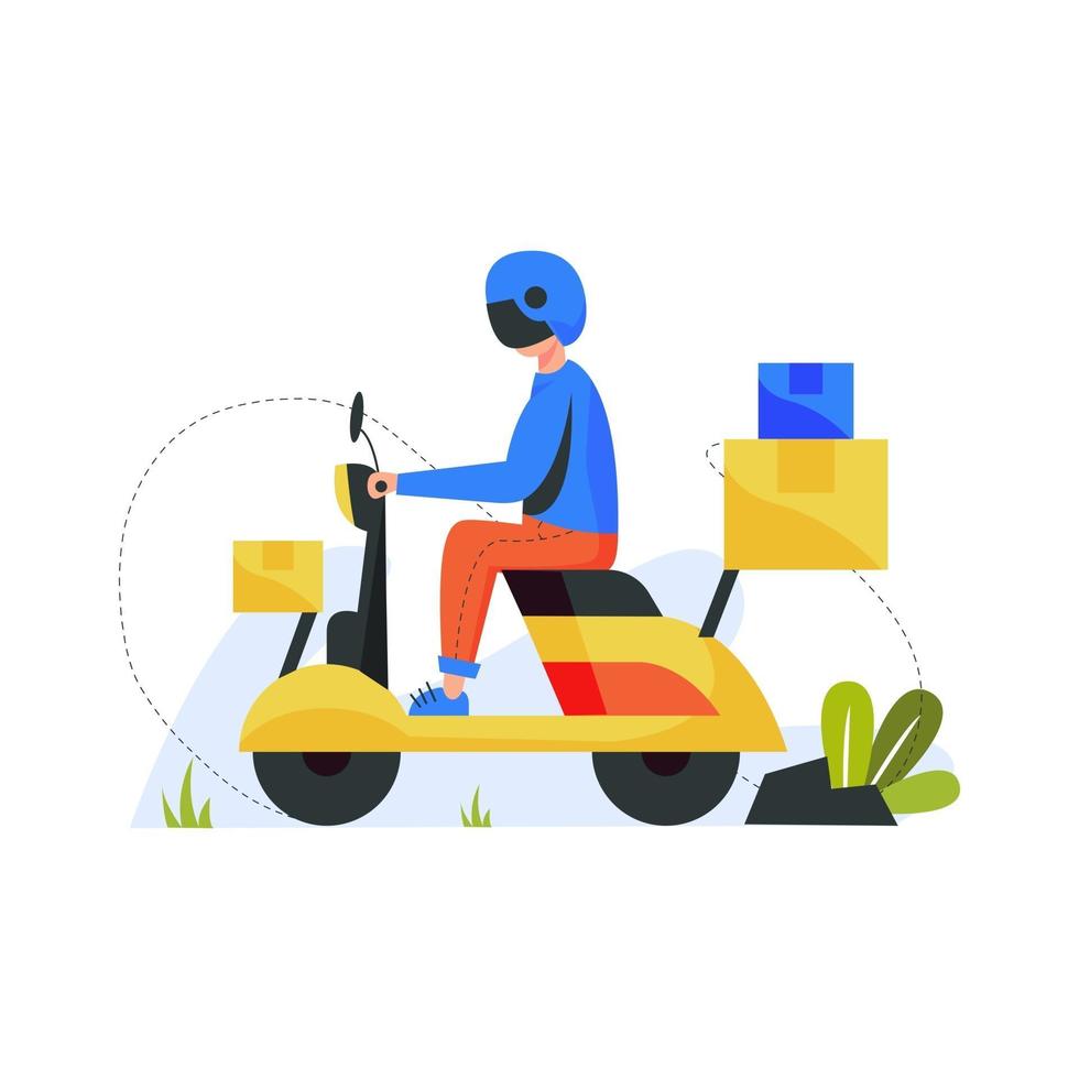 courier anda de moto e entrega mercadorias aos clientes ilustração vetorial vetor