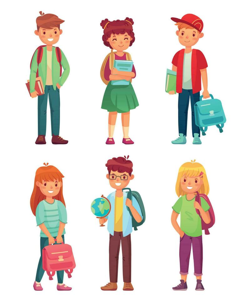 Alto escola alunos. crianças alunos com globo, livros e mochila. escolas Garoto e menina aluno personagens vetor conjunto