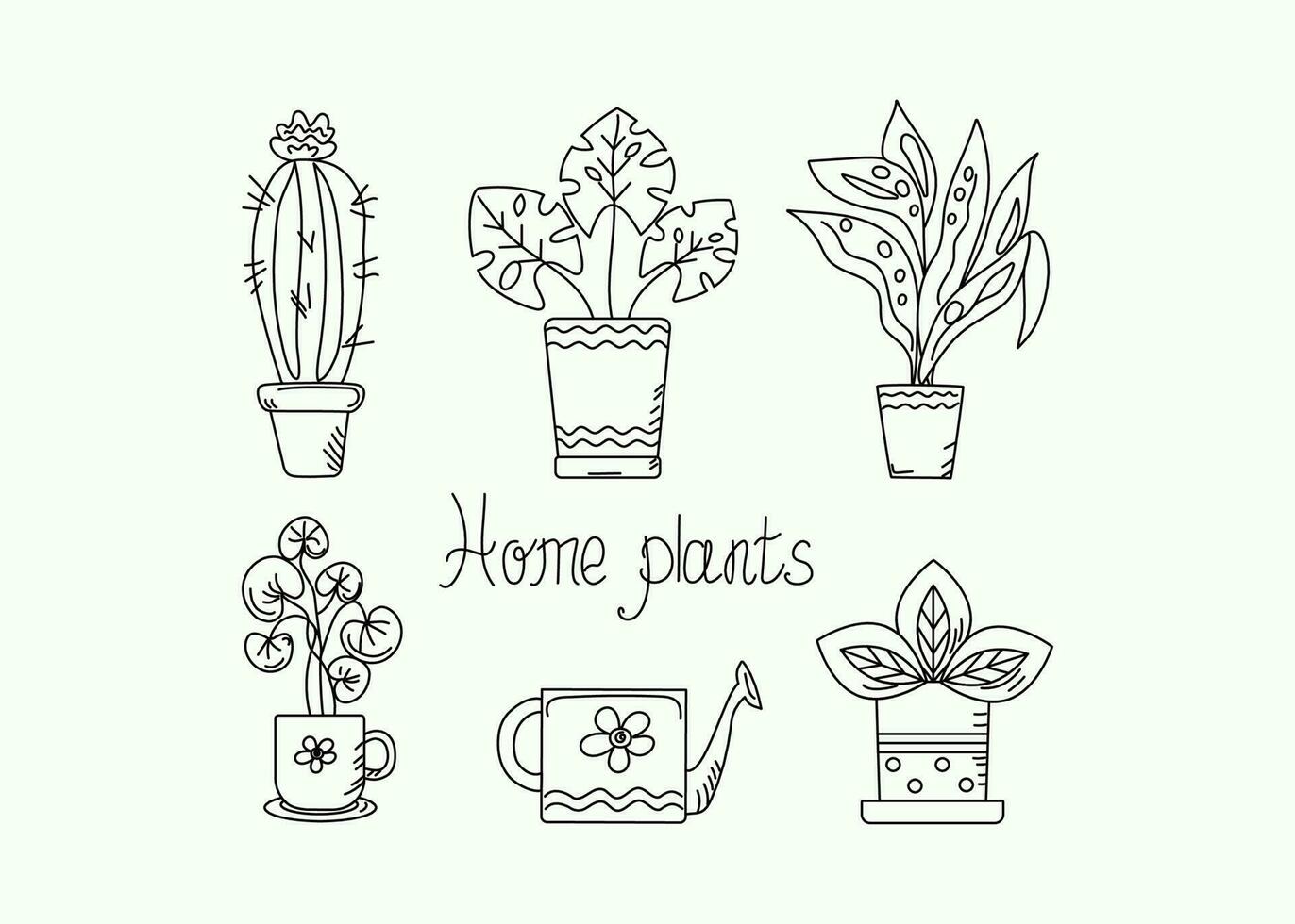conjunto do em vaso plantas, cacto, rabisco rega pode. plantar Cuidado, interior. letras, rotulação. esboço desenho. vetor ilustração, ícones.