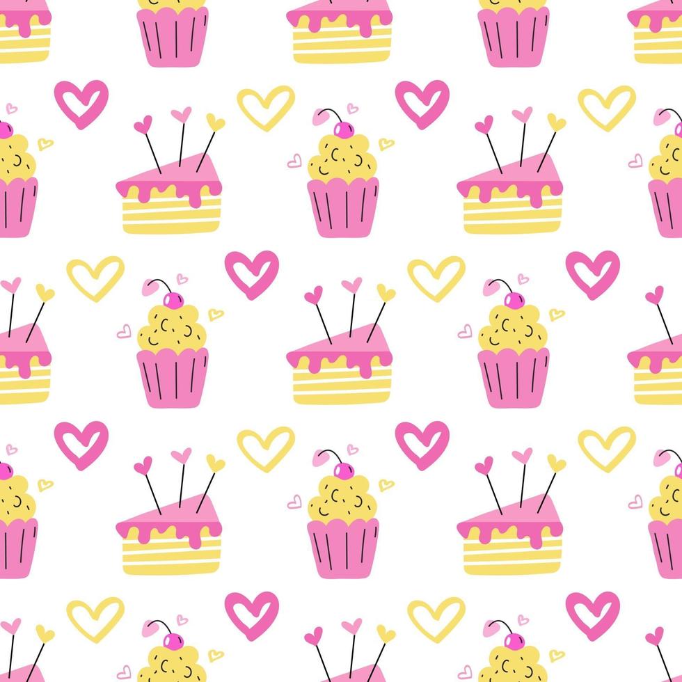 um muffin e um pedaço de bolo em flores rosa e amarelas com corações em um fundo branco vetor padrão sem emenda papel de parede design de papel de embalagem e impressão em tecido