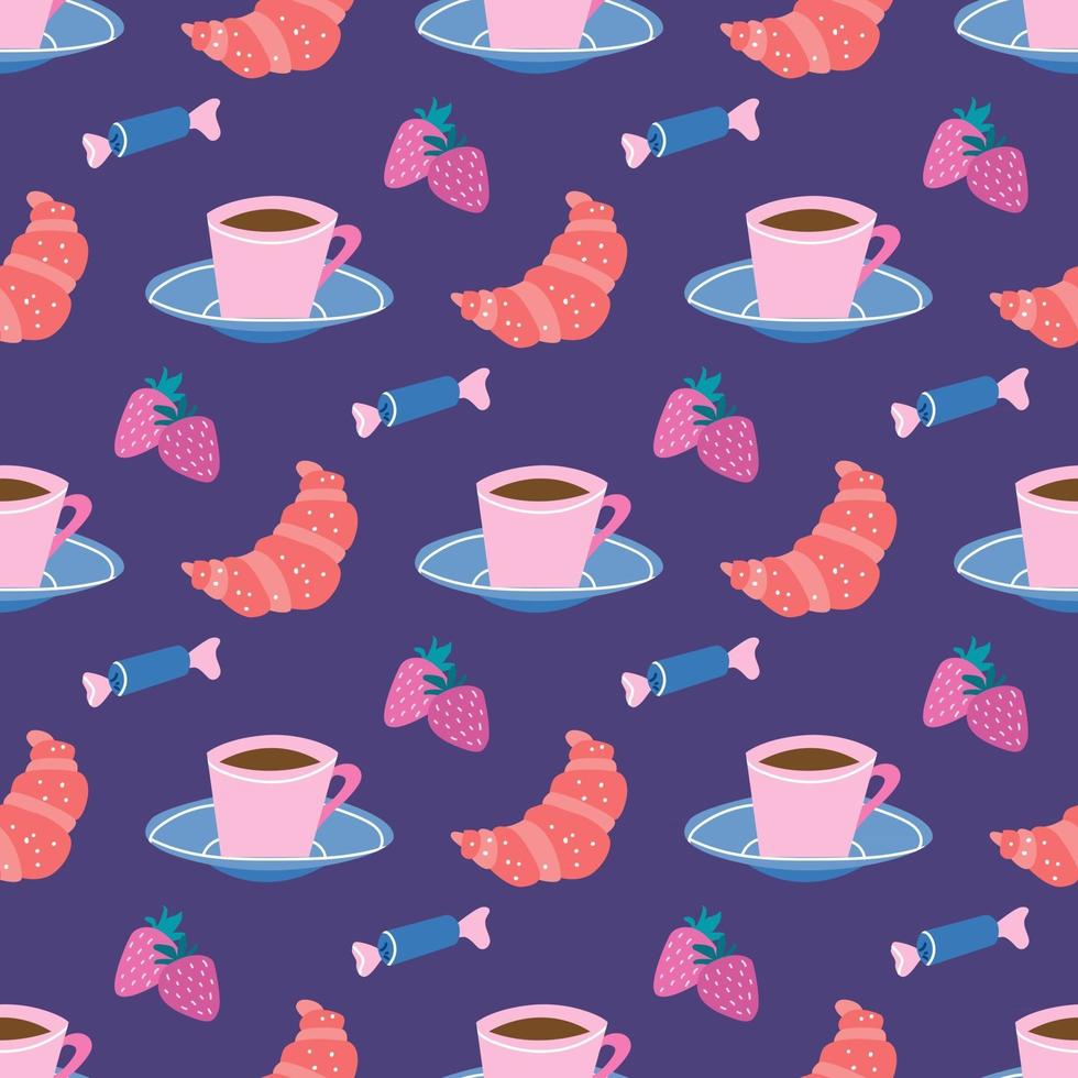 chá festa xícara de café e pires doces e croissants com morangos em um fundo lilás design de papel de parede de padrão sem emenda de vetor para papel e tecido de embalagem