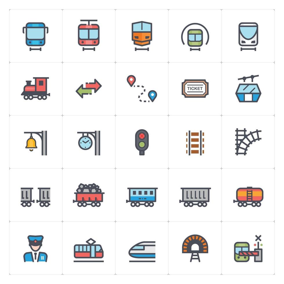 trem linha ferroviária com conjunto de ícones coloridos vetor