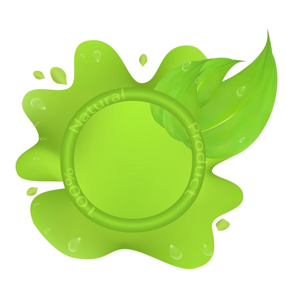 ilustração vetorial logotipo redondo 100 produto natural com folha verde e gotas de orvalho isoladas no fundo branco vetor