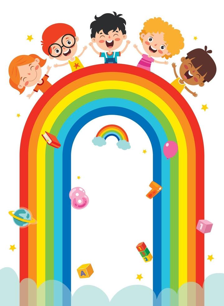 crianças multiétnicas brincando no arco-íris vetor