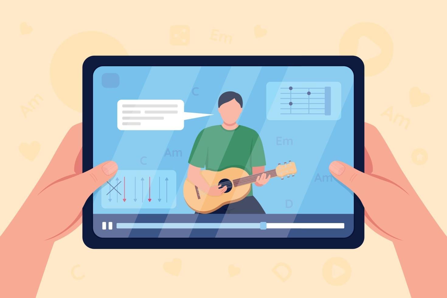 as mãos seguram o tablet com vídeo sobre guitarra tutorial cor lisa vetor