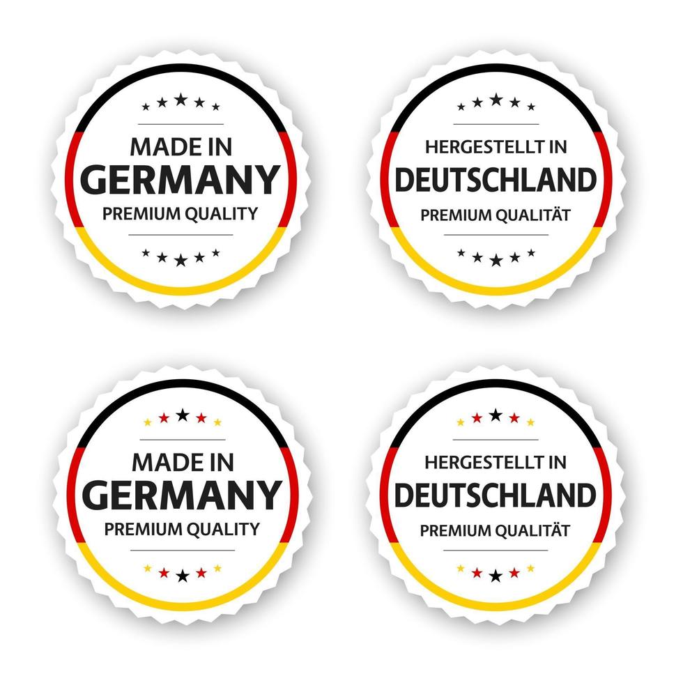 conjunto de quatro etiquetas alemãs feitas na Alemanha em alemão hergestellt em deutschland adesivos e símbolos de qualidade premium com estrelas ilustração vetorial simples isolada no fundo branco vetor