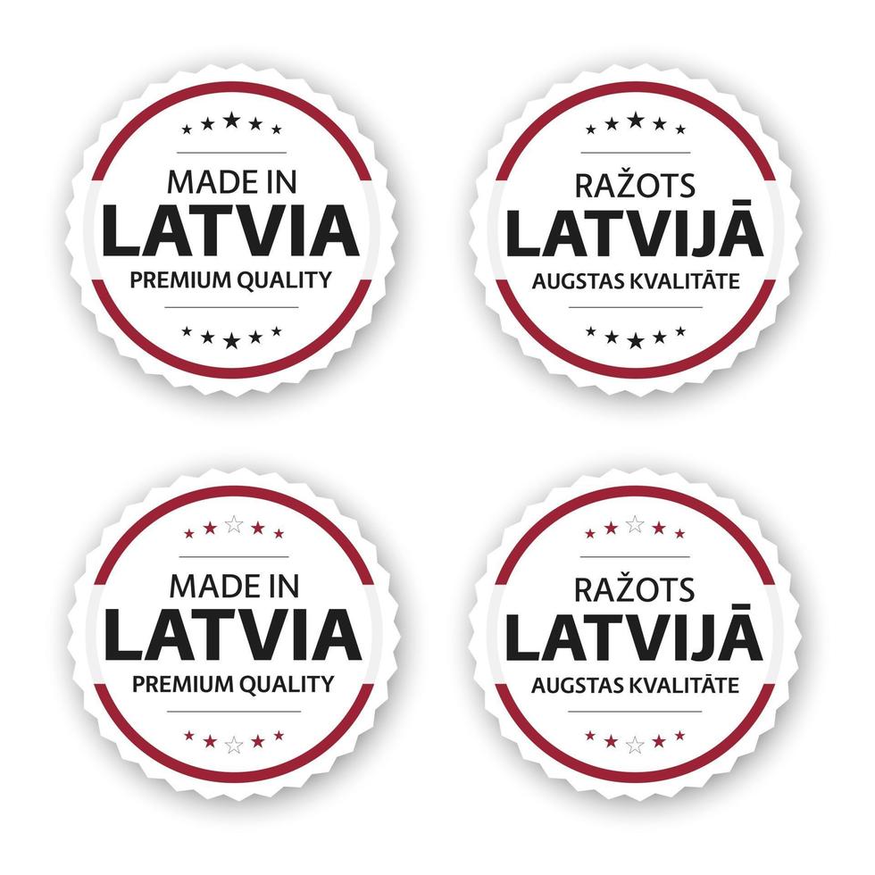 conjunto de quatro rótulos letões feitos na letônia em letão razots latvija adesivos e símbolos de qualidade premium com estrelas ilustração vetorial simples isolada no fundo branco vetor