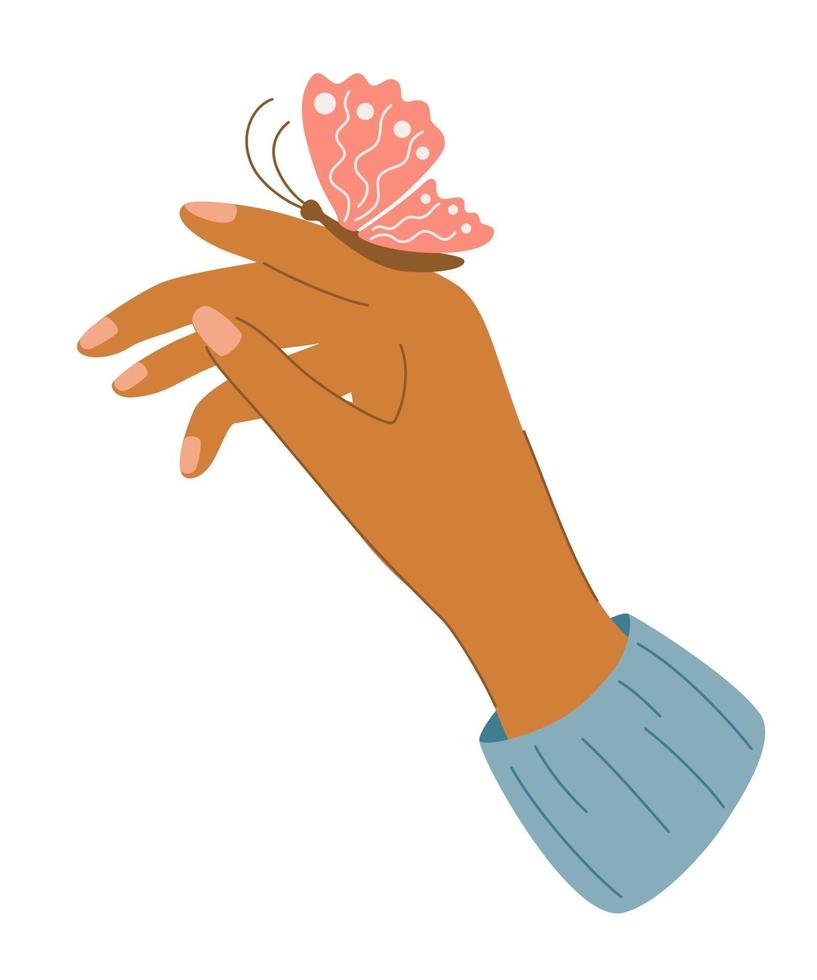 mão feminina elegante com uma mão de mulher borboleta com uma borboleta sentada em seu dedo manicure de mulher para cartões de saudação e convite vetor