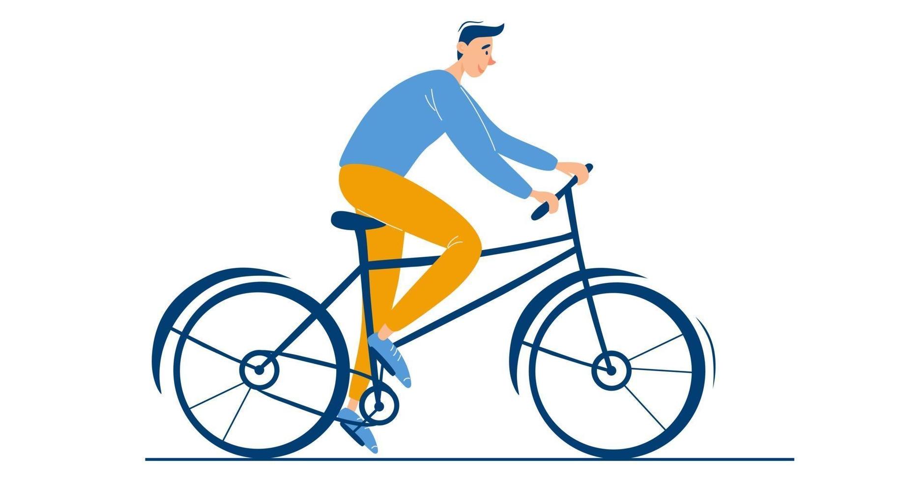 jovem rapaz feliz anda de bicicleta personagem masculino sozinho verão ou primavera atividade de ciclismo cara elegante ao ar livre em ilustração vetorial plana de bicicleta no fundo branco vetor
