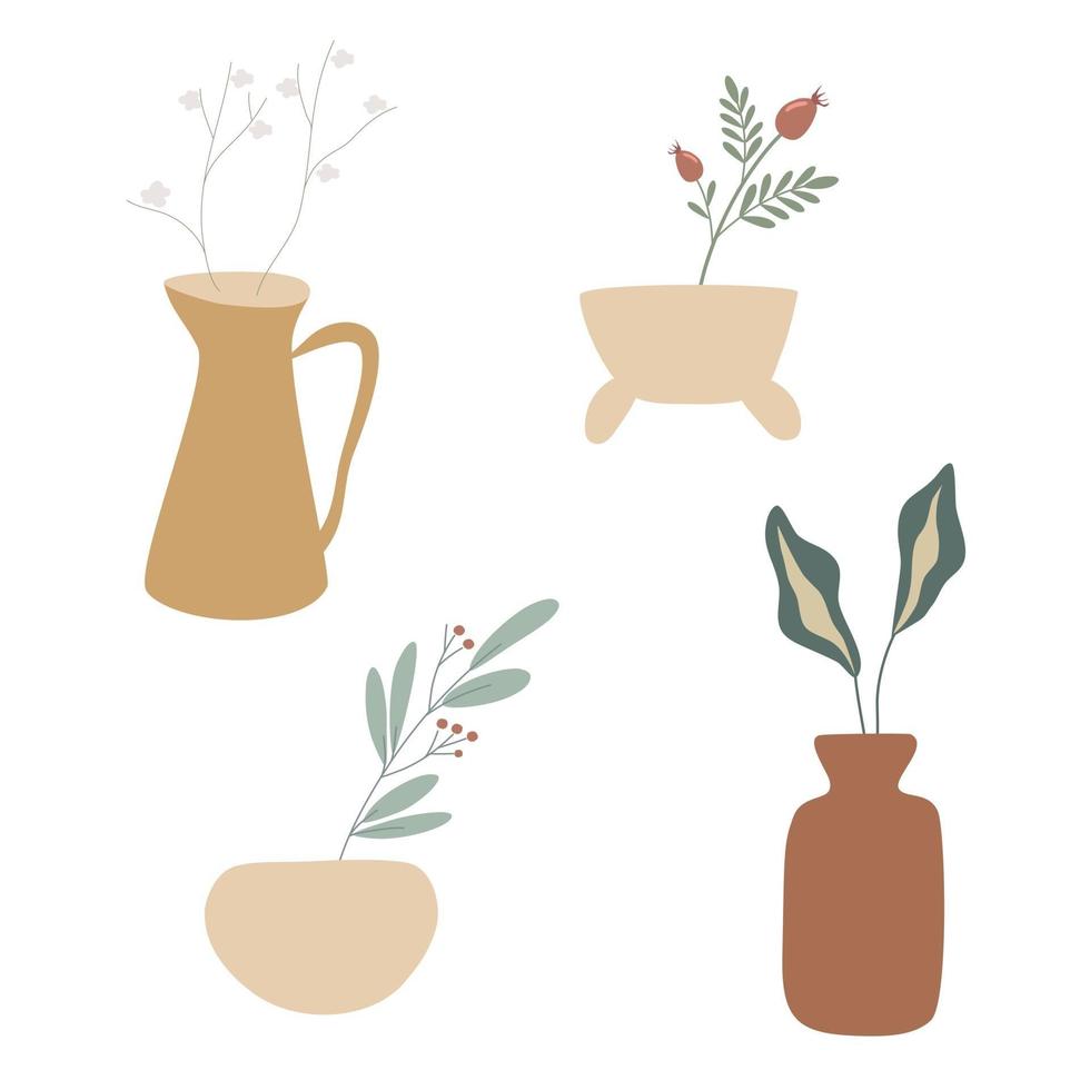 conjunto de plantas caseiras desenhadas à mão em vasos ilustração vetorial elegante decoração para casa isolada fundo branco vetor