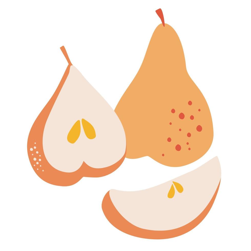 Pera amarela fresca seção transversal metade e toda exótica deliciosa fruta com sementes ilustração plana vetor dos desenhos animados isolada no fundo branco