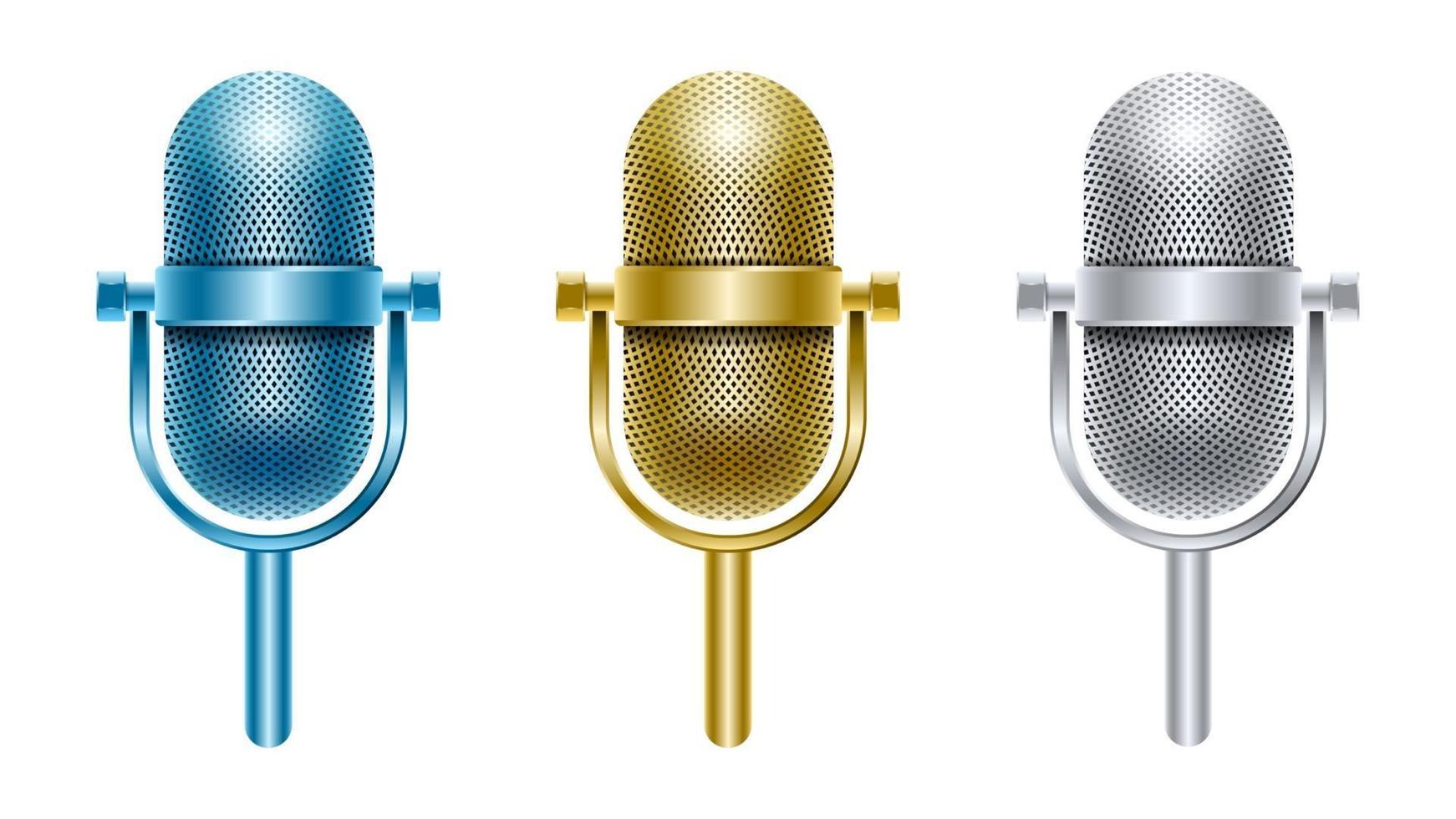 conjunto de microfone de metal ouro prata azul isolado vetor
