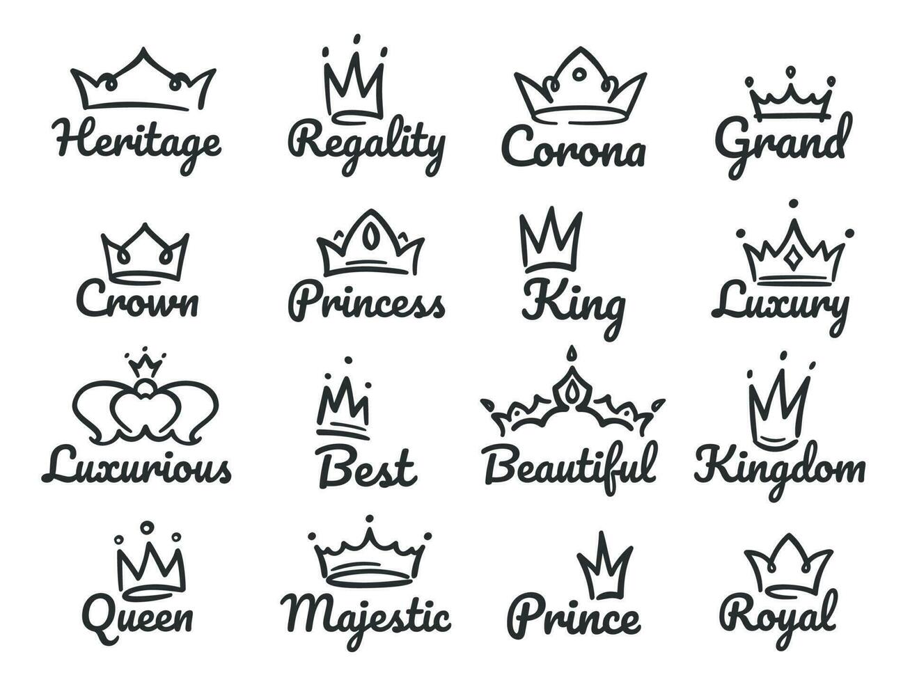 majestoso coroa logotipo. esboço Principe e princesa, mão desenhado rainha placa ou rei coroas grafite vetor ilustração conjunto