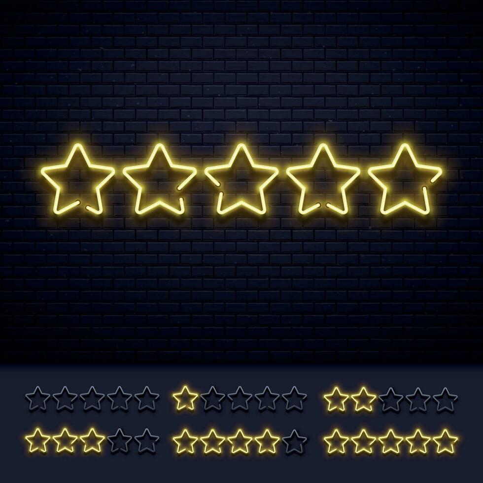 néon cinco estrelas. dourado iluminado Estrela neons lâmpadas em tijolo muro. ouro luz luxo Avaliação placa vetor ilustração