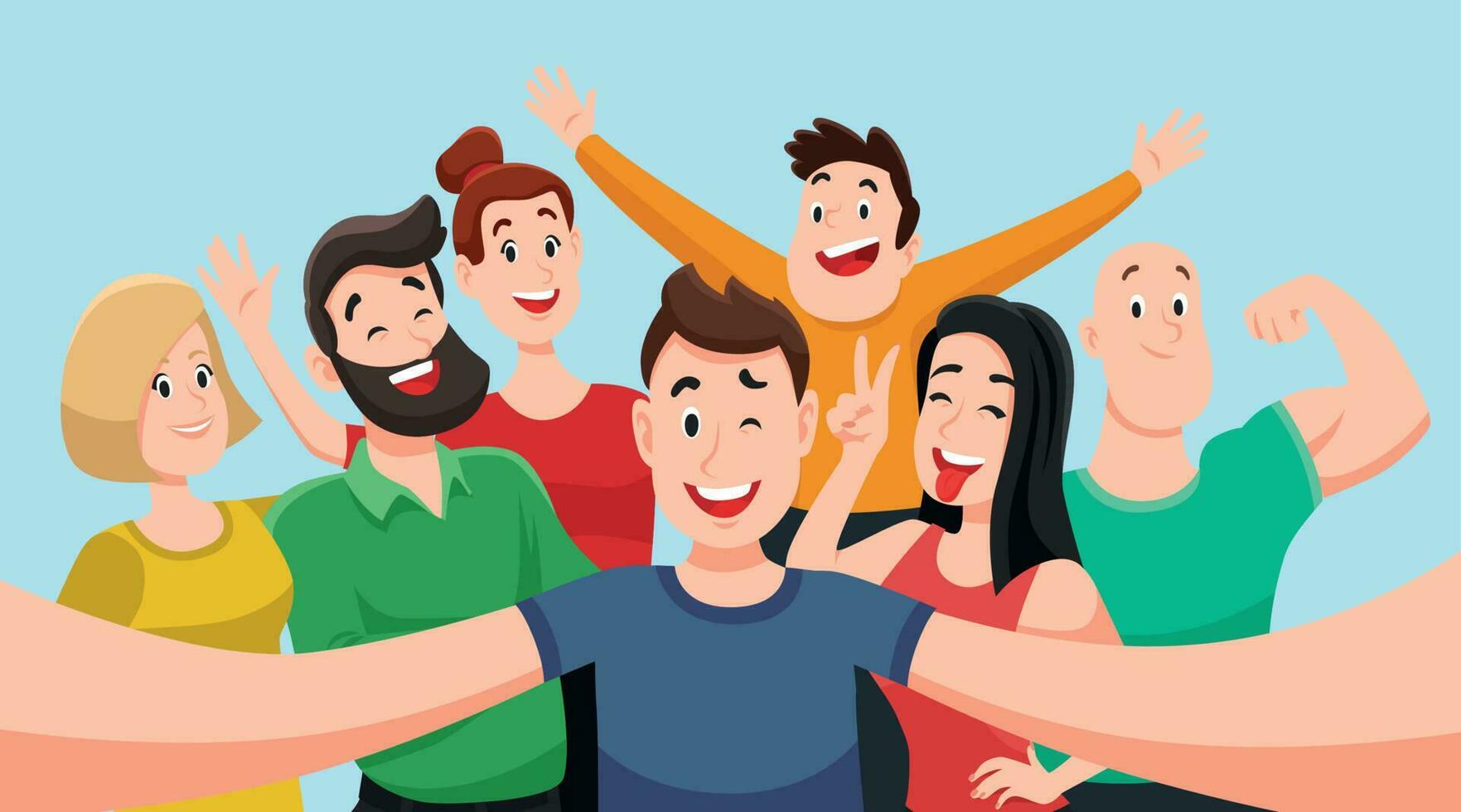 pessoas grupo selfie. amigáveis cara faz grupo foto com sorridente amigos em Smartphone Câmera dentro mãos vetor desenho animado ilustração