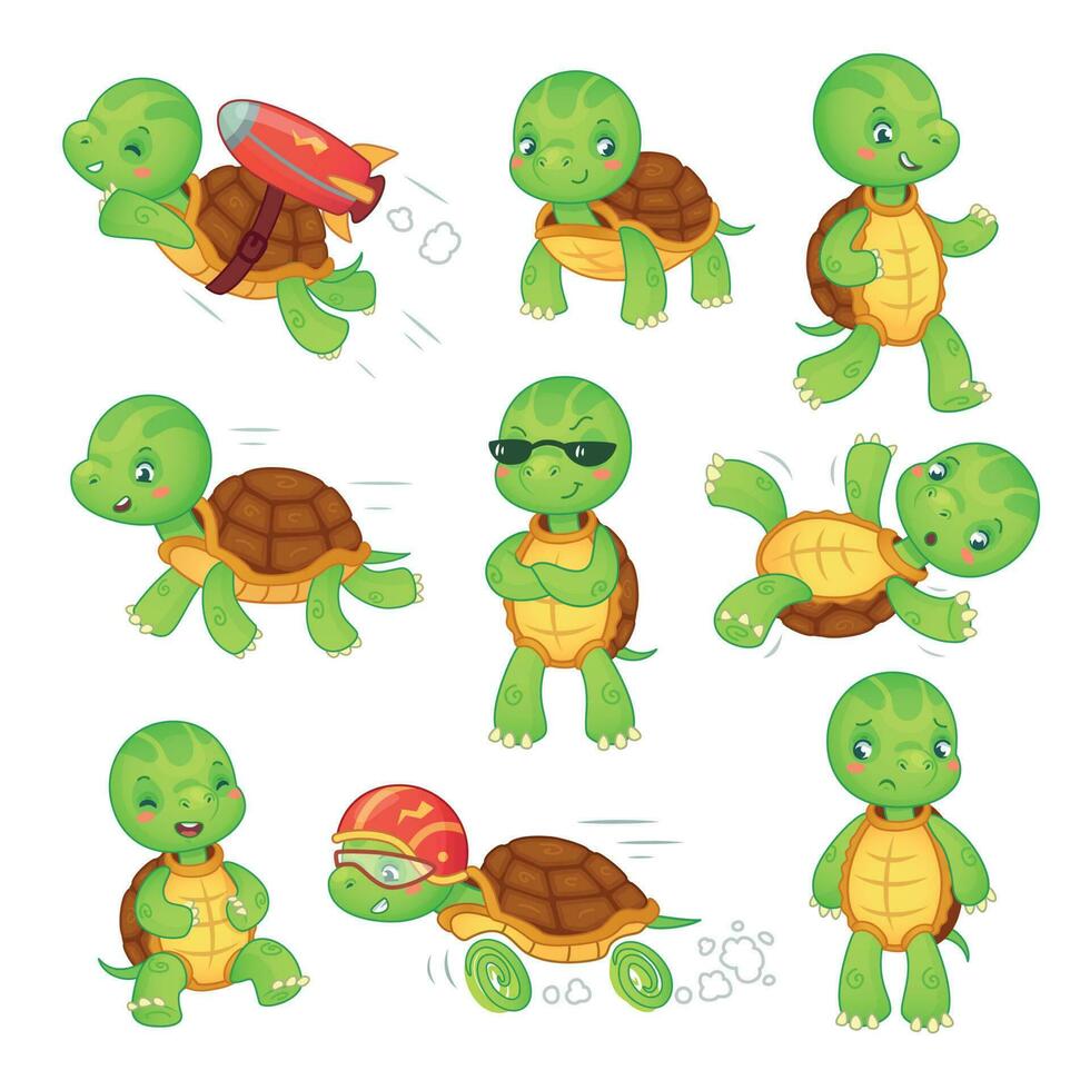 tartaruga criança. corrida velozes tartaruga. verde crianças tartarugas desenho animado personagens isolado vetor ilustração conjunto