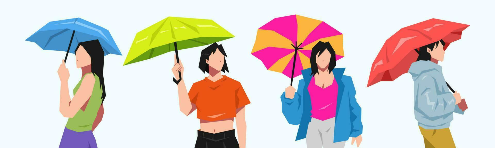 conjunto do alguns lindo jovem meninas segurando guarda-chuvas. clima conceito, calor aceno, chuva, equipamento. desenho animado plano vetor ilustração.