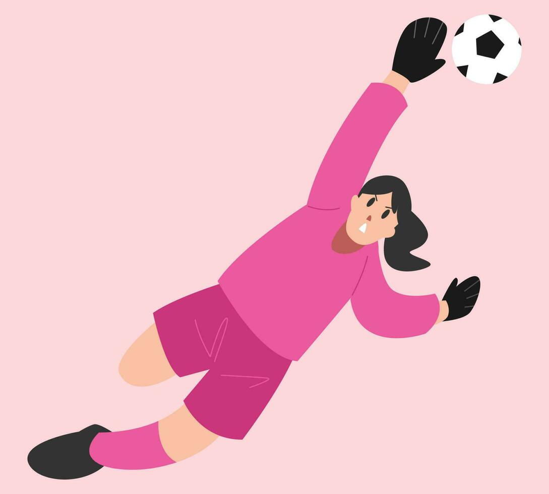 fêmea goleiro tentando para pegar uma futebol bola. jogando futebol, futebol. vetor plano ilustração.