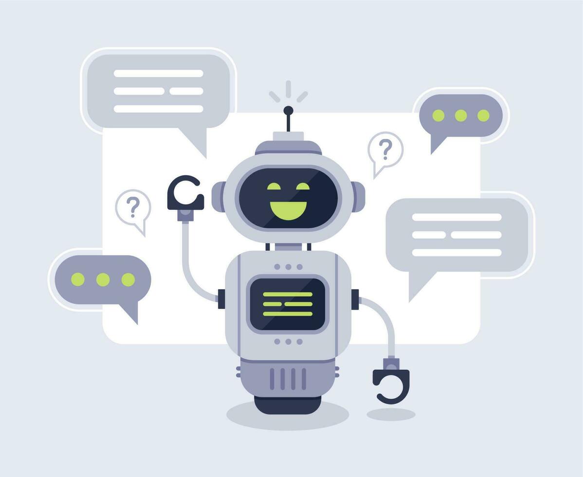 bate-papo robô mensagens. inteligente chatbot assistente conversação, conectados cliente Apoio, suporte robô e falando para máquina bots vetor ilustração
